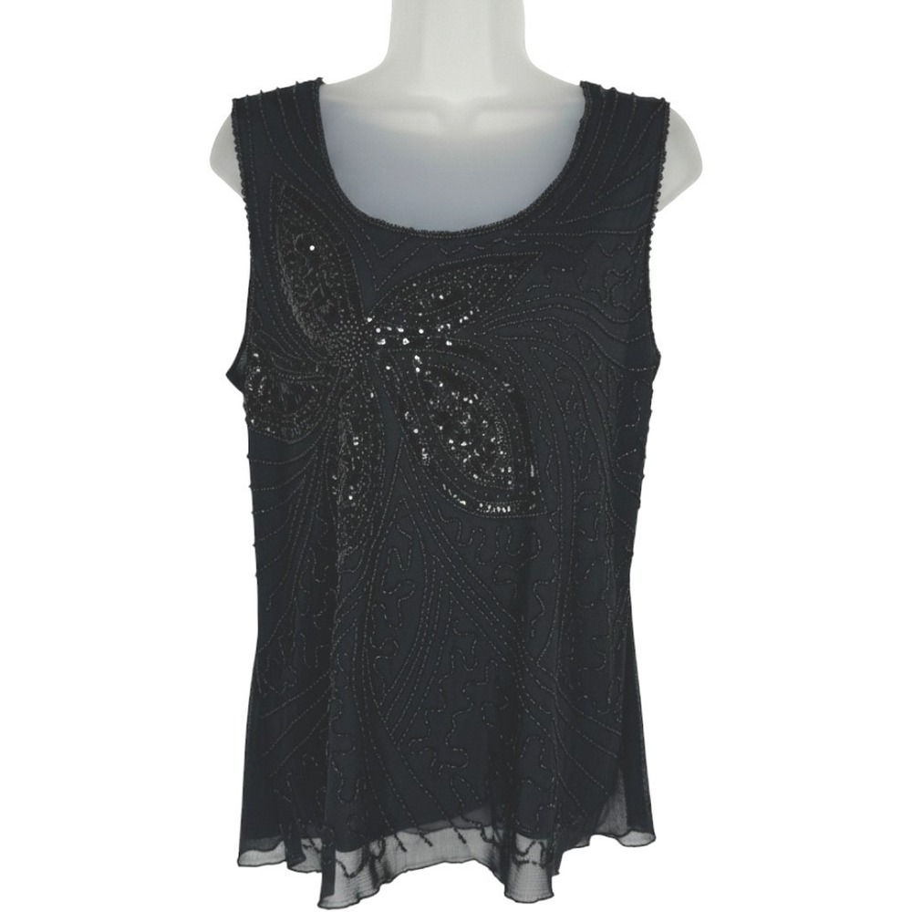 Pretty Angel Black Silk Beaded Sequin Floral Sheer Mesh Tank Top L XL Fairy Goth